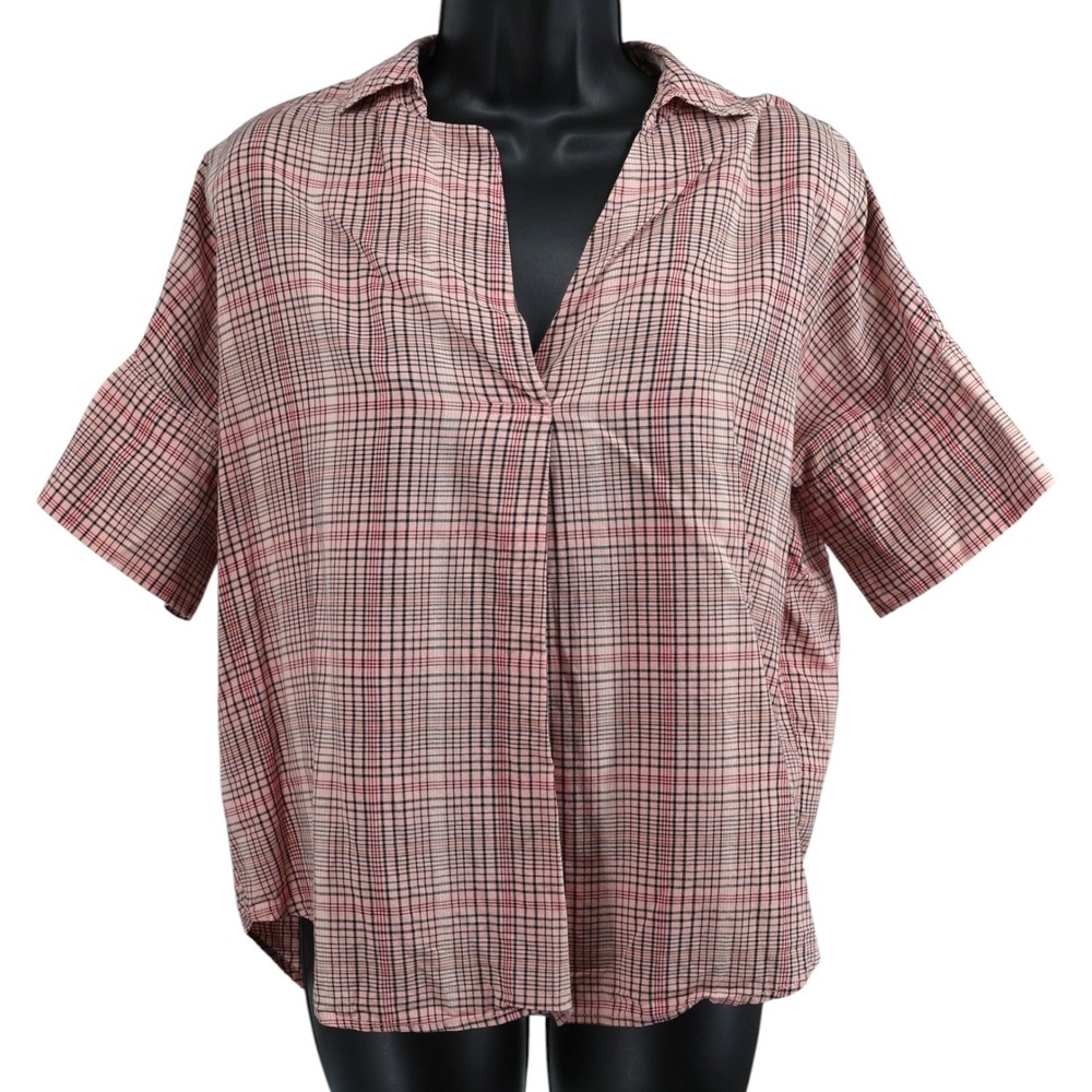 Madewell Central Shirt Pink Plaid Oversized Boxy Button Back Short Sleeve EUC XS